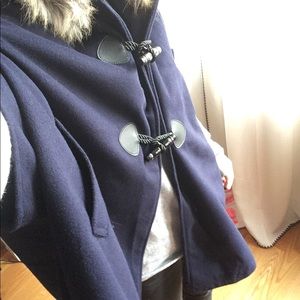 Dark Blue Cape Coat with Fur Hood